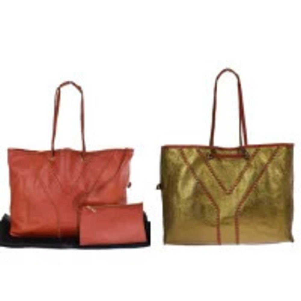 Saint Laurent Yves Neo Double Tote Bag Shoulder Reversible Gold Red Leather